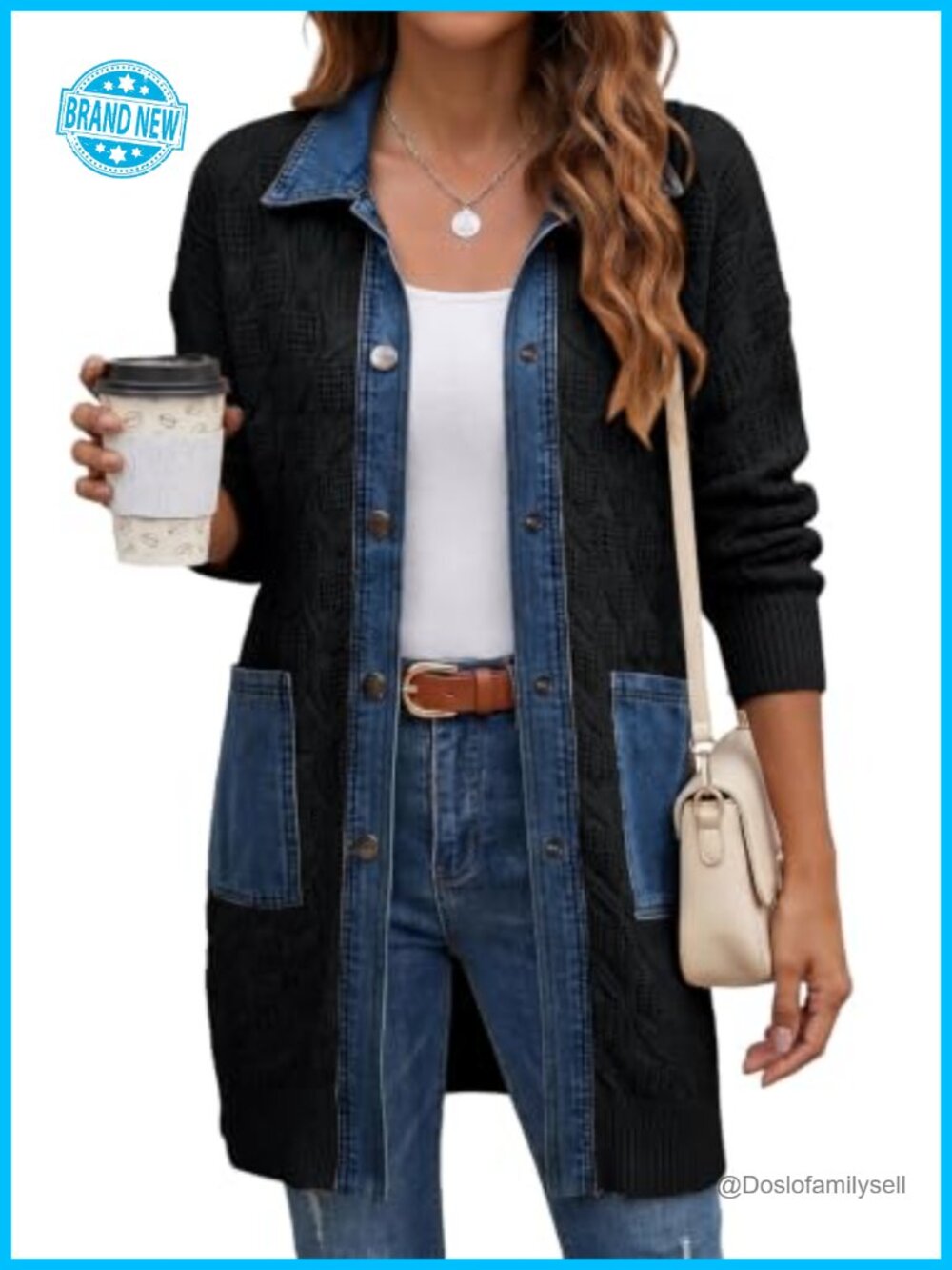 Dokotoo Denim Patchwork Button Down Cable Knit Chunky Cardigan Sweater